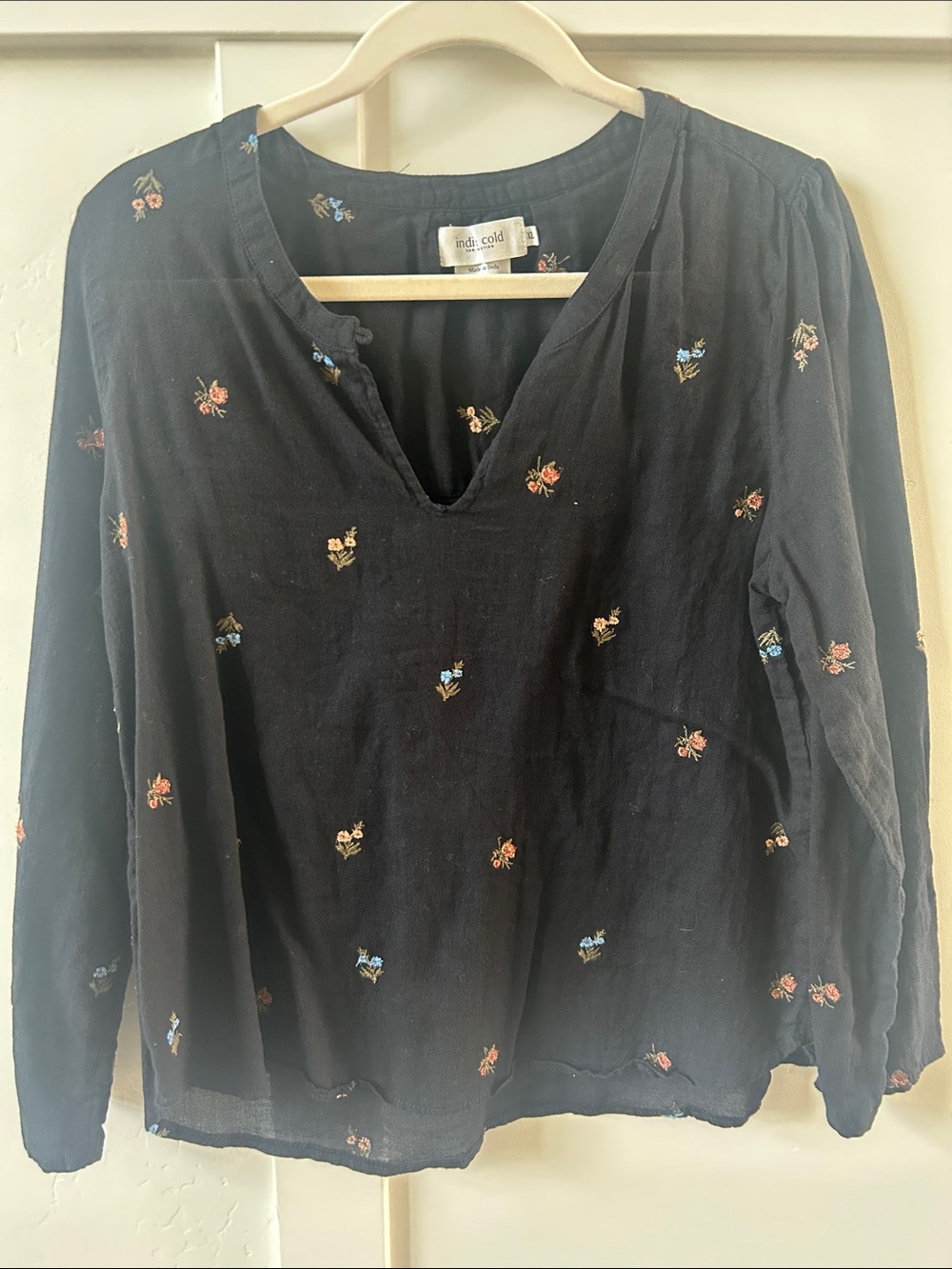 Indi & Cold Black V-Neck Blouse Gauzy Tunic Multicolor Floral Embroidery